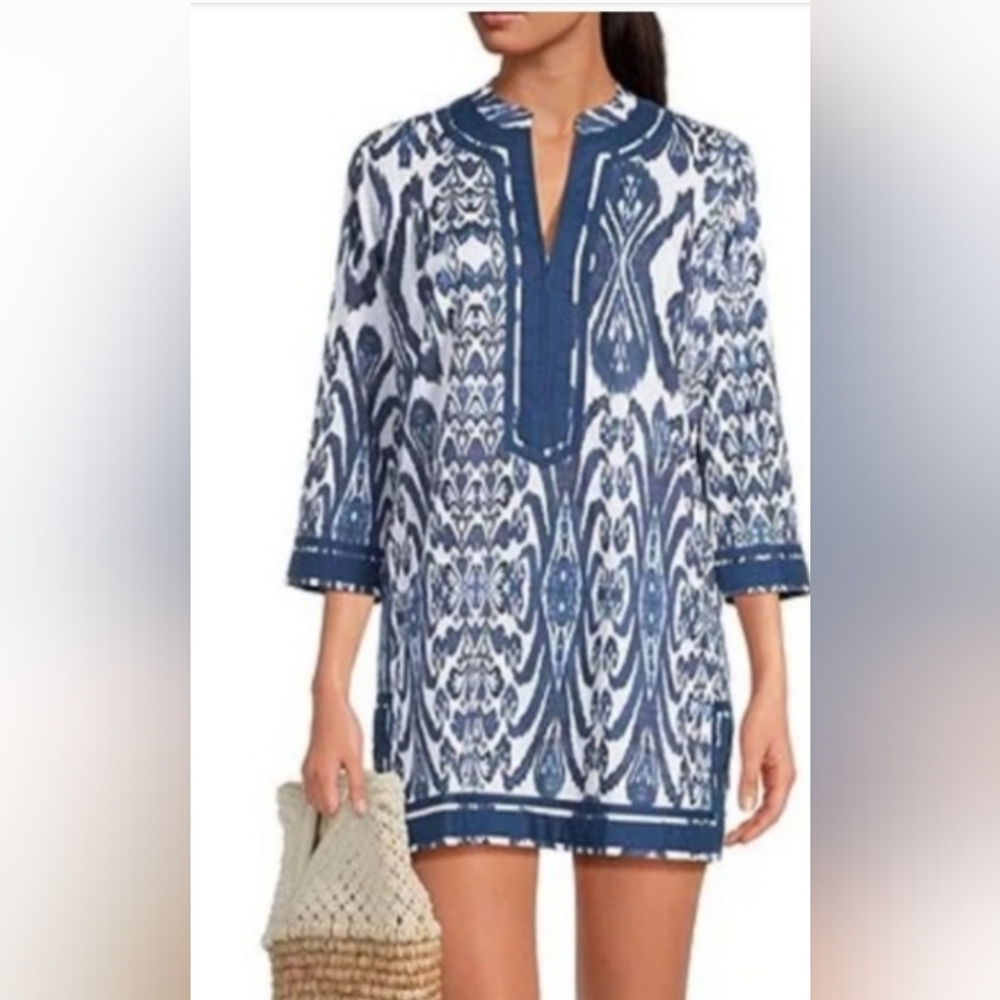 Ro's Garden Blue and White Women's Swim Cover-Up Garden Ikat Tunic XS